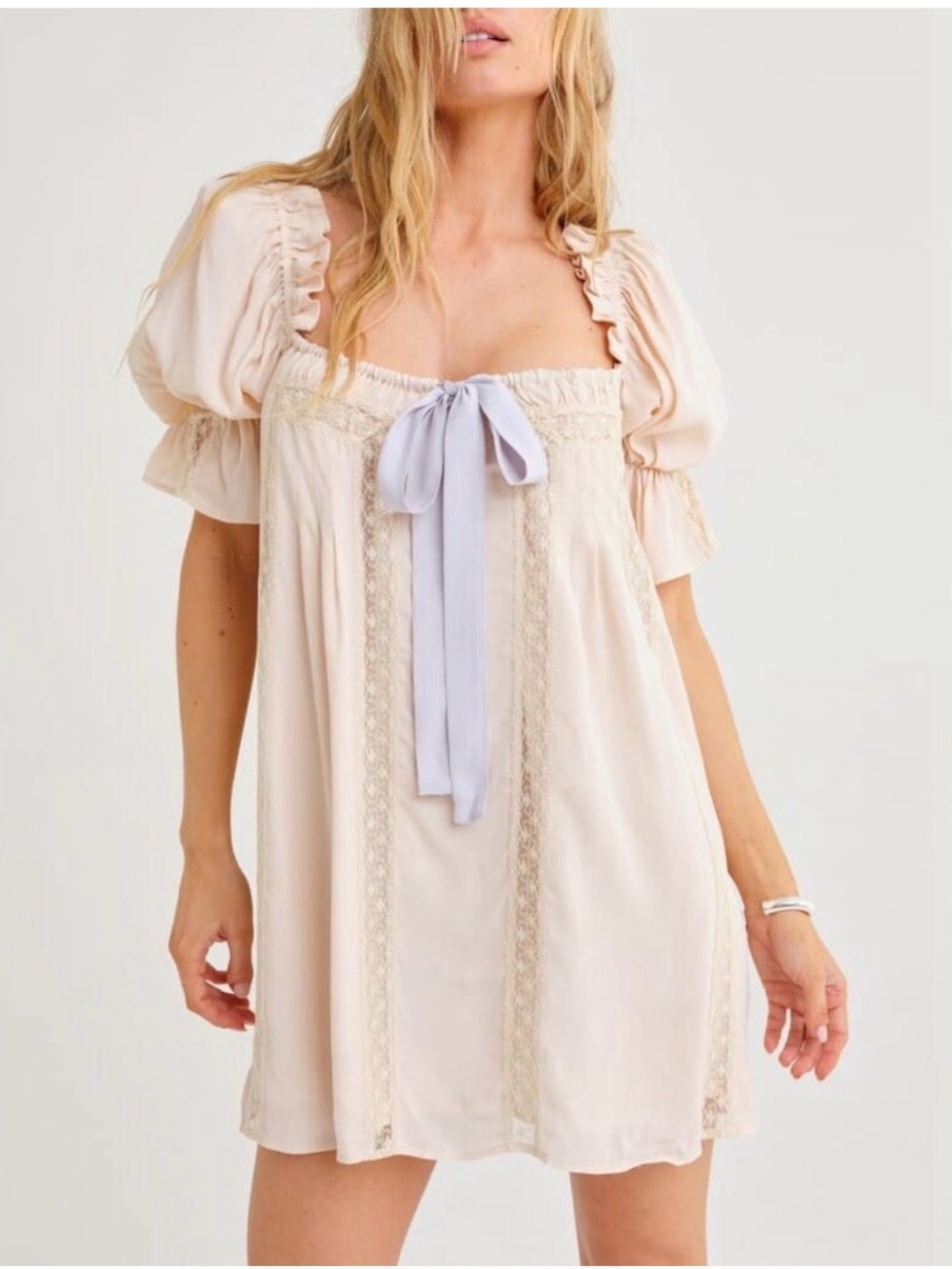 Rumored Beige Lace Detail Babydoll Heirloom.  Mini Dress NEW Tie Neck Large